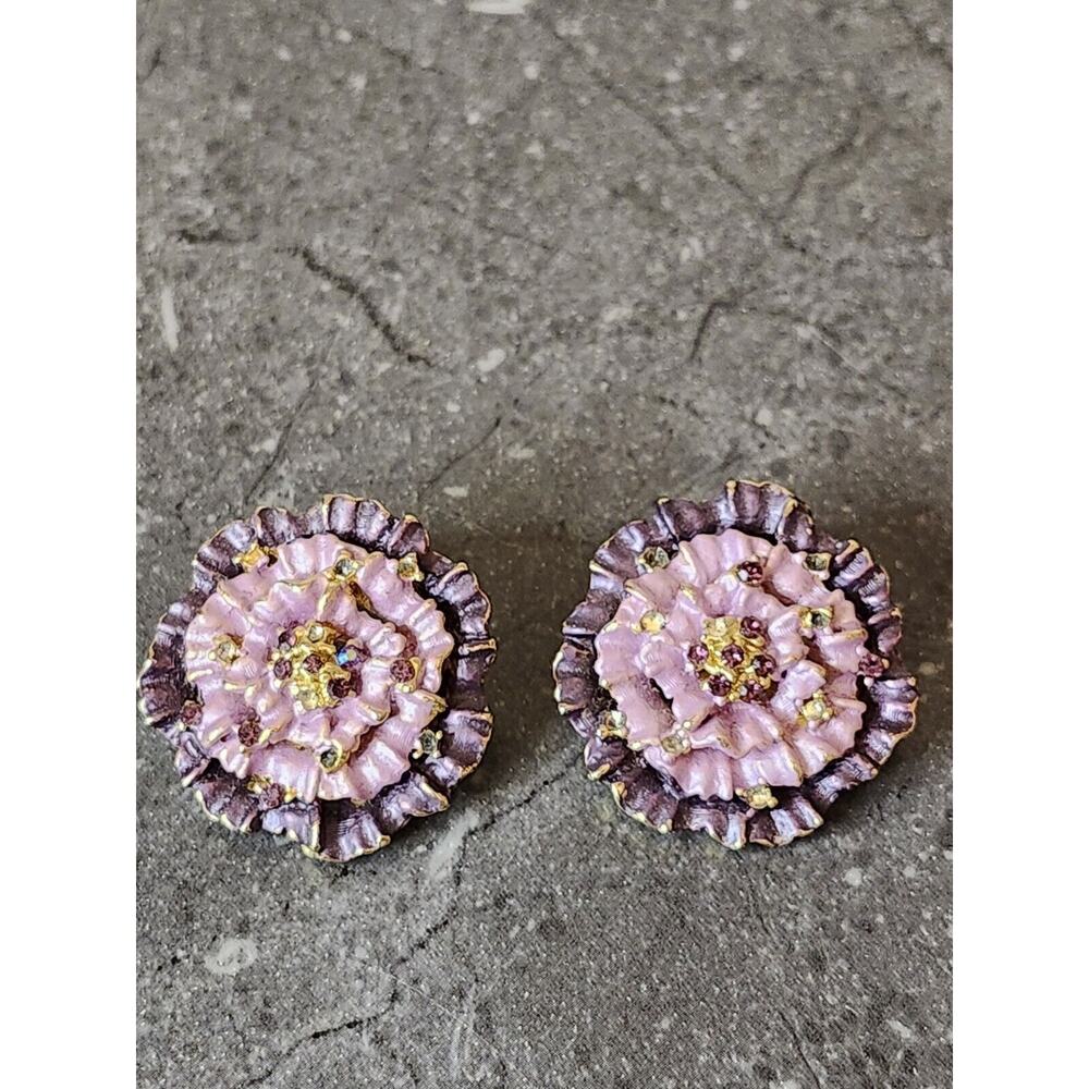 Enamel Rhinestone‎ Vtg VICTORIAN FLOWER Purple Clip On